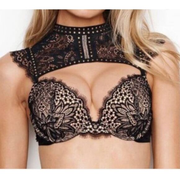 Victoria’s Secret High-Neck Push-Up Bra Size 34D Black Lace - Picture 1 of 5